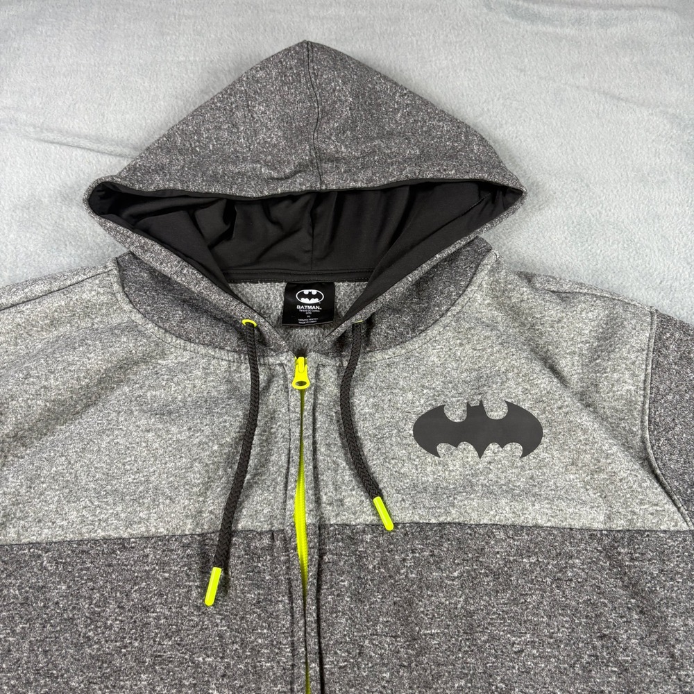 Batman DC Comics Mens XL Full Zip Hoodie Heather Grey Colorblock Neon Yellow Zip